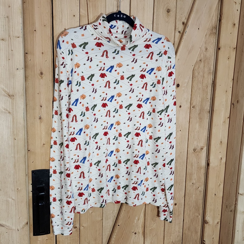 VTG Northern Isles Womens Fall Turtleneck Laundry Line Print Top Cream Medium